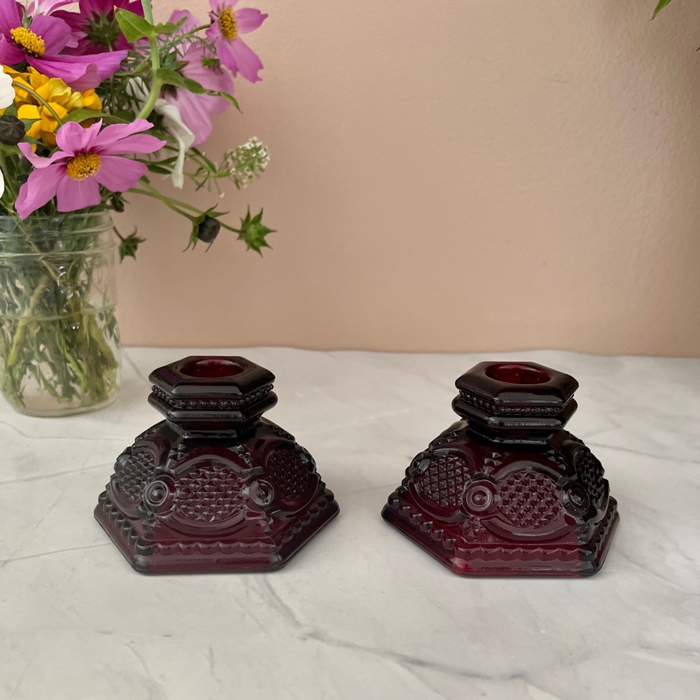 Pair Of Avon Ruby Red Glass 1876 Cape Cod Collection 2.5" Taper Candle Holders
